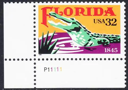 USA Michel 2545 / Scott 2950 postfrisch EINZELMARKE ECKRAND unten links m/ Platten-# P11111 - 150 Jahre Staat Florida: Alligator