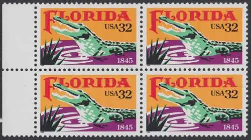 USA Michel 2545 / Scott 2950 postfrisch BLOCK RÄNDER links - 150 Jahre Staat Florida: Alligator