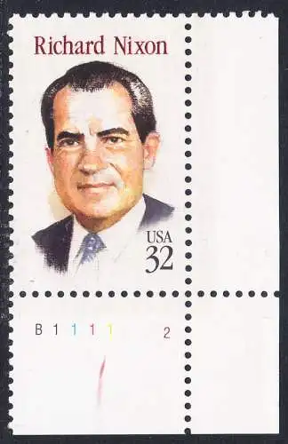 USA Michel 2557 / Scott 2955 postfrisch EINZELMARKE ECKRAND unten rechts m/ Platten-# B111-2 - Richard Nixon (1913-1994), 37. Präsident, reg. 1969-1974