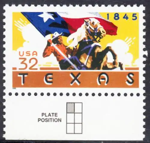 USA Michel 2575 / Scott 2968 postfrisch EINZELMARKE RAND unten - 150 Jahre Staat Texas: Reiter mit texanischer Fahne