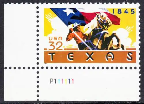 USA Michel 2575 / Scott 2968 postfrisch EINZELMARKE ECKRAND unten links m/ Platten-# P111111 - 150 Jahre Staat Texas: Reiter mit texanischer Fahne