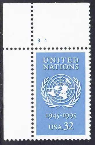 USA Michel 2582 / Scott 2974 postfrisch EINZELMARKE ECKRAND oben links m/ Platten-# B1 (a2) - 50 Jahre Vereinte Nationen (UNO)