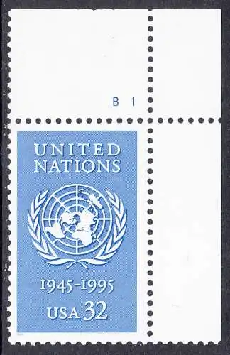 USA Michel 2582 / Scott 2974 postfrisch EINZELMARKE ECKRAND oben rechts m/ Platten-# B1 - 50 Jahre Vereinte Nationen (UNO)