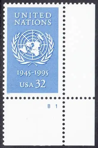 USA Michel 2582 / Scott 2974 postfrisch EINZELMARKE ECKRAND unten rechts m/ Platten-# B1 - 50 Jahre Vereinte Nationen (UNO)