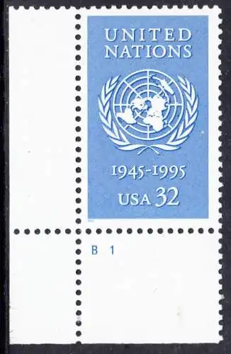 USA Michel 2582 / Scott 2974 postfrisch EINZELMARKE ECKRAND unten links m/ Platten-# B1 - 50 Jahre Vereinte Nationen (UNO)