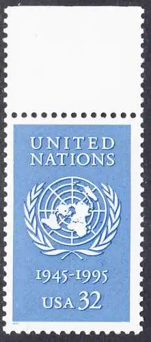 USA Michel 2582 / Scott 2974 postfrisch EINZELMARKE RAND oben - 50 Jahre Vereinte Nationen (UNO)