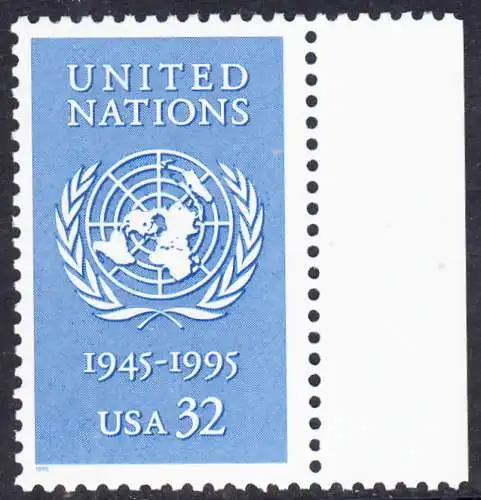 USA Michel 2582 / Scott 2974 postfrisch EINZELMARKE RAND rechts - 50 Jahre Vereinte Nationen (UNO)