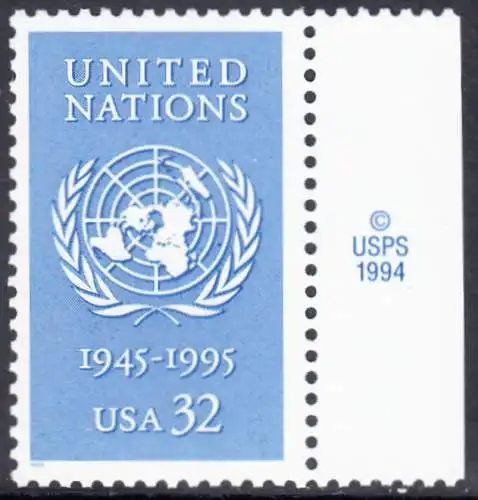 USA Michel 2582 / Scott 2974 postfrisch EINZELMARKE RAND rechts m/ copyright symbol - 50 Jahre Vereinte Nationen (UNO)
