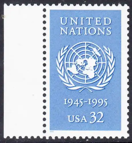USA Michel 2582 / Scott 2974 postfrisch EINZELMARKE RAND links (a1) - 50 Jahre Vereinte Nationen (UNO)