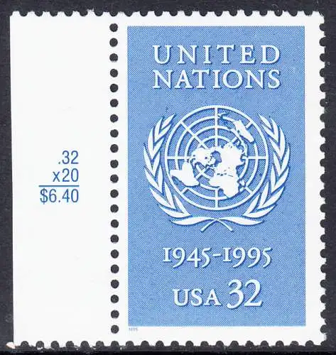 USA Michel 2582 / Scott 2974 postfrisch EINZELMARKE RAND links (a2) - 50 Jahre Vereinte Nationen (UNO)