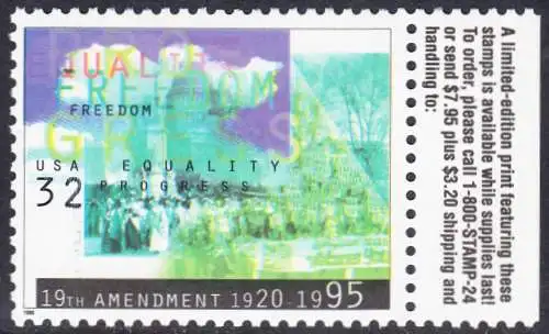 USA Michel 2614 / Scott 2980 postfrisch EINZELMARKE RAND rechts (a2) - Frauenwahlrecht: 75 Jahre 19. Verfassungszusatz