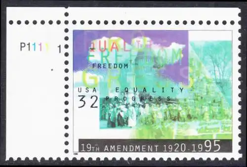 USA Michel 2614 / Scott 2980 postfrisch EINZELMARKE ECKRAND oben links - Frauenwahlrecht: 75 Jahre 19. Verfassungszusatz