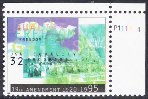 USA Michel 2614 / Scott 2980 postfrisch EINZELMARKE ECKRAND oben rechts - Frauenwahlrecht: 75 Jahre 19. Verfassungszusatz
