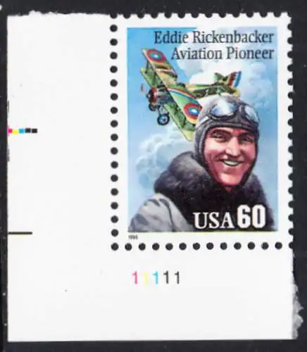 USA Michel 2642 / Scott 2998 postfrisch EINZELMARKE ECKRAND unten links m/ Platten-# 11111 - Flugpioniere: Eddie Rickenbacker (1890-1973); Spad XIII-Doppeldecker