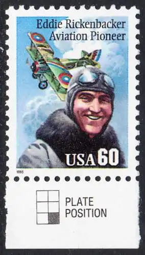 USA Michel 2642 / Scott 2998 postfrisch EINZELMARKE RAND unten - Flugpioniere: Eddie Rickenbacker (1890-1973); Spad XIII-Doppeldecker