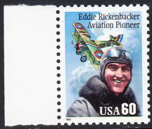 USA Michel 2642 / Scott 2998 postfrisch EINZELMARKE RAND links - Flugpioniere: Eddie Rickenbacker (1890-1973); Spad XIII-Doppeldecker
