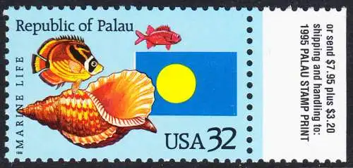 USA Michel 2643 / Scott 2999 postfrisch EINZELMARKE rechts (a3) - 1 Jahr Unabhängigkeit Palaus: Fische, Meeresschnecke, Staatsflagge von Palau