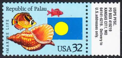 USA Michel 2643 / Scott 2999 postfrisch EINZELMARKE rechts (a3) - 1 Jahr Unabhängigkeit Palaus: Fische, Meeresschnecke, Staatsflagge von Palau