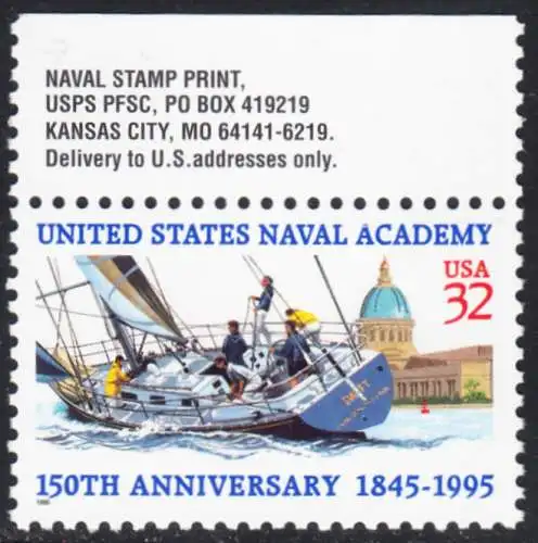 USA Michel 2672 / Scott 3001 postfrisch EINZELMARKE RAND oben (a2) - 150 Jahre Marineakademie, Annapolis, MD: Segeljacht vor Marineakademie