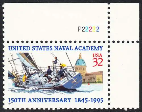 USA Michel 2672 / Scott 3001 postfrisch EINZELMARKE ECKRAND oben rechts m/ Platten-# P22222 - 150 Jahre Marineakademie, Annapolis, MD: Segeljacht vor Marineakademie