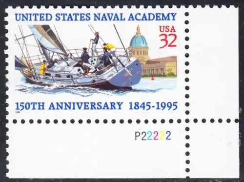 USA Michel 2672 / Scott 3001 postfrisch EINZELMARKE ECKRAND unten rechts m/ Platten-# P22222 - 150 Jahre Marineakademie, Annapolis, MD: Segeljacht vor Marineakademie