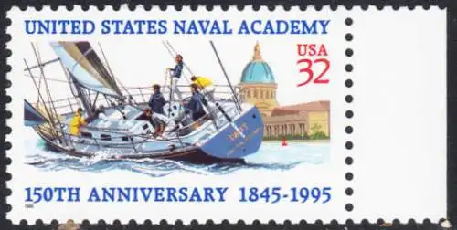 USA Michel 2672 / Scott 3001 postfrisch EINZELMARKE RAND rechts - 150 Jahre Marineakademie, Annapolis, MD: Segeljacht vor Marineakademie