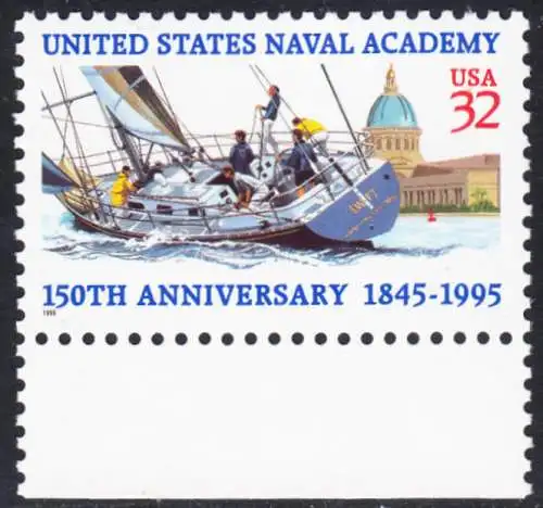 USA Michel 2672 / Scott 3001 postfrisch EINZELMARKE RAND unten - 150 Jahre Marineakademie, Annapolis, MD: Segeljacht vor Marineakademie