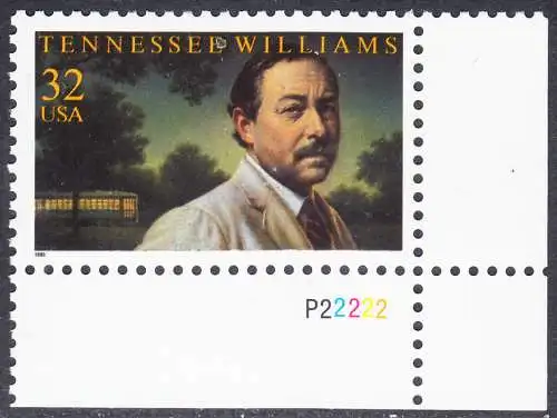 USA Michel 2673 / Scott 3002 postfrisch EINZELMARKE ECKRAND unten rechts m/ Platten-# P22222 - Tennessee Williams (1911-1983), Schriftsteller