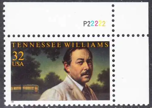 USA Michel 2673 / Scott 3002 postfrisch EINZELMARKE ECKRAND oben rechts m/ Platten-# P22222 - Tennessee Williams (1911-1983), Schriftsteller