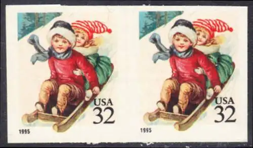 USA Michel 2676 / Scott 3013 postfrisch horiz.PAAR (a1 / aus Folioblatt) - Weihnachten: Kinder beim Rodeln