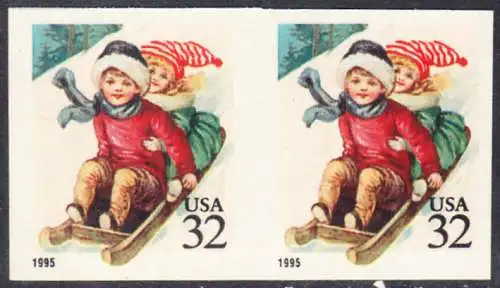 USA Michel 2676 / Scott 3013 postfrisch horiz.PAAR (a2 / aus Folioblatt) - Weihnachten: Kinder beim Rodeln