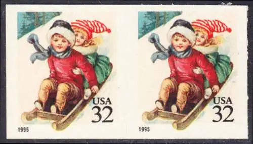 USA Michel 2676 / Scott 3013 postfrisch horiz.PAAR (a3 / aus Folioblatt) - Weihnachten: Kinder beim Rodeln