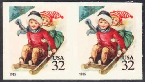 USA Michel 2676 / Scott 3013 postfrisch horiz.PAAR (a4 / aus Folioblatt) - Weihnachten: Kinder beim Rodeln