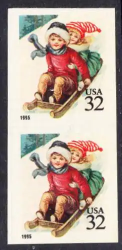 USA Michel 2676 / Scott 3013 postfrisch vert.PAAR (a1 / aus Folioblatt) - Weihnachten: Kinder beim Rodeln