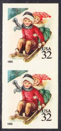USA Michel 2676 / Scott 3013 postfrisch vert.PAAR (a2 / aus Folioblatt) - Weihnachten: Kinder beim Rodeln