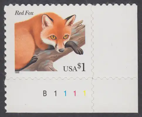 USA Michel 3000 / Scott 3036 postfrisch EINZELMARKE ECKRAND unten rechts m/Platten-# B111 - Tiere: Rotfuchs