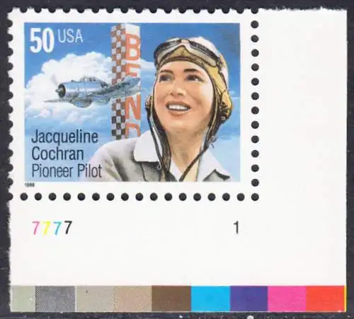 USA Michel 2700 / Scott 3066 postfrisch EINZELMARKE ECKRAND unten rechts m/ Platten-# 7777-1 - Flugpioniere: Jacqueline Cochran (1906-1980)