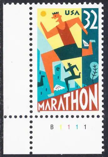 USA Michel 2703 / Scott 3067 postfrisch EINZELMARKE ECKRAND unten links m/ Platten-# B1111 - 100 Jahre Marathonlauf