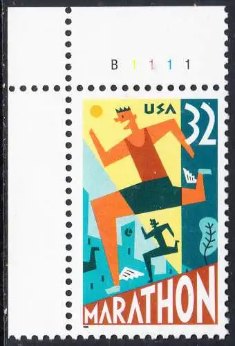 USA Michel 2703 / Scott 3067 postfrisch EINZELMARKE ECKRAND oben links m/ Platten-# B1111 - 100 Jahre Marathonlauf