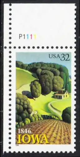 USA Michel 2751 / Scott 3088 postfrisch EINZELMARKE ECKRAND oben links m/ Platten-# P1111 - 150 Jahre Staat lowa; Landschaft in Iowa