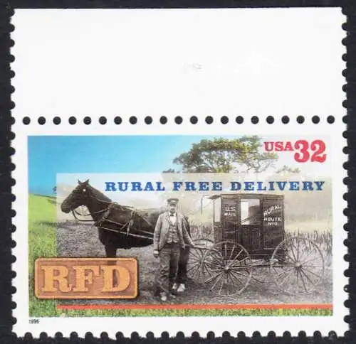 USA Michel 2754 / Scott 3090 postfrisch EINZELMARKE RAND oben - 100. Jahrestag der Abschaffung der Zusatzgebühr für Landpostzustellung: Landzusteller vor Postwagen (um 1900)