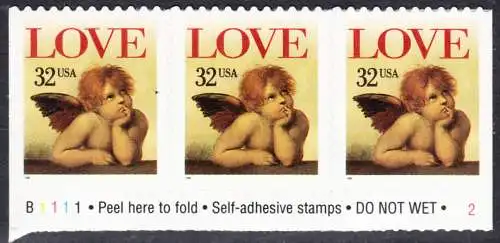 USA Michel 2690 / Scott 3030 postfrisch horiz.STRIP(3) (aus Folioblatt) m/ Platten-# B1111 - Grußmarke: Engel