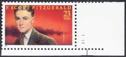 USA Michel 2768 / Scott 3104 postfrisch EINZELMARKE ECKRAND unten rechts m/ Platten-# 1111 - 100. Geburtstag von Francis Scott Fitzgerald (1896-1940), Schriftsteller