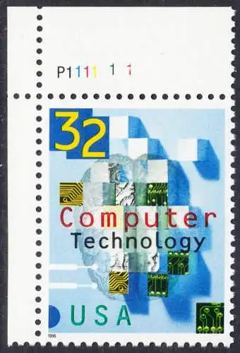 USA Michel 2784 / Scott 3106 postfrisch EINZELMARKE ECKRAND oben links m/ Platten-# P111111 - 50 Jahre Computertechnologie in den USA: Teile von Schaltkreisen