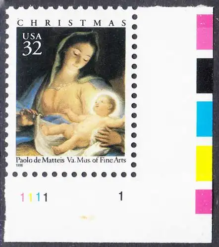 USA Michel 2798 / Scott 3107 postfrisch EINZELMARKE ECKRAND unten rechts m/ Platten-# 1111-1 - Weihnachten: Maria mit Kind
