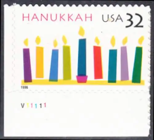 USA Michel 2794 / Scott 3118 postfrisch EINZELMARKE ECKRAND unten links m/ Platten-# V11111 - Hanukka; Kerzen