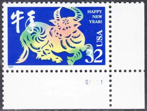 USA Michel 2800 / Scott 3120 postfrisch EINZELMARKE ECKRAND unten rechts m/ Platten-# S1111 - Chinesisches Neujahr: Jahr des Ochsen