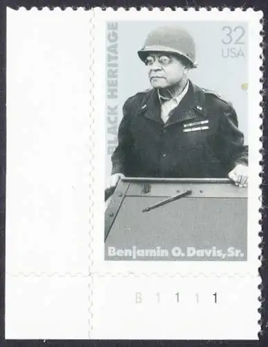 USA Michel 2801 / Scott 3121 postfrisch EINZELMARKE ECKRAND unten links m/ Platten-# B1111 - Schwarzamerikanisches Erbe: Benjamin O. Davis, Sr., General