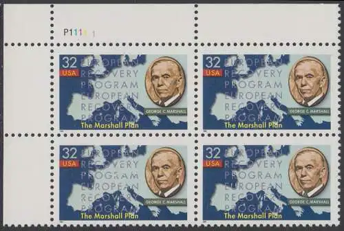 USA Michel 2832 / Scott 3141 postfrisch PLATEBLOCK ECKRAND oben links m/ Platten-# P11111 - Marshall Plan