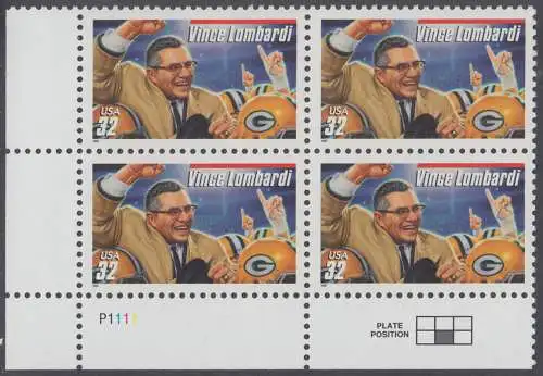 USA Michel 2876 / Scott 3147 postfrisch PLATEBLOCK ECKRAND unten links m/ Platten-# P111 - Football-Trainer: Vince Lombardi